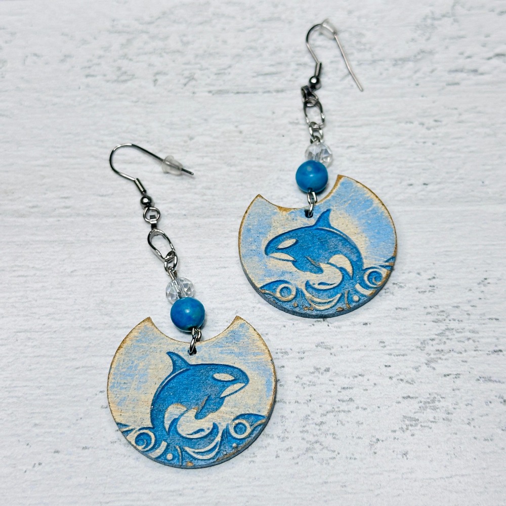 Orca‎ Whale Ocean Wave Dangle Earrings Blue Wood Beach Coastal Handmade